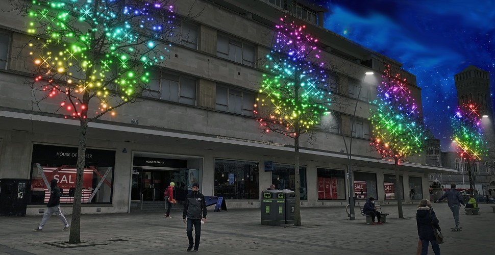 Visual of new Christmas lights in Plymouth Piazza trees